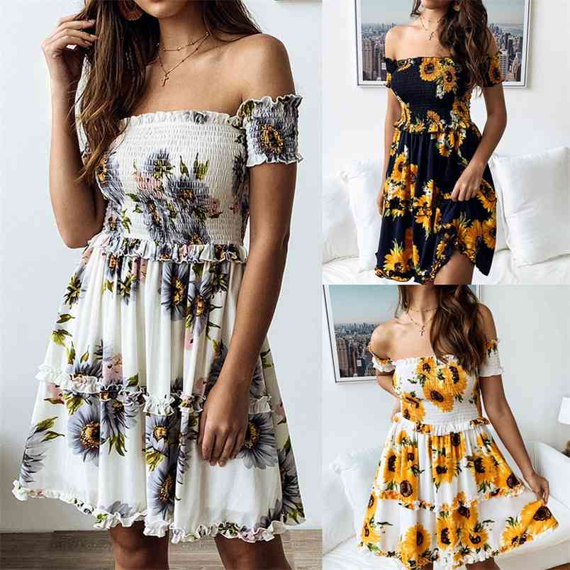 

Summer Fashion Sunflower Print Ruffled Short-sleeved Halter Dress Cotton Sexy Slash Neck Mini Vestido De Mujer Female 210517, Gray
