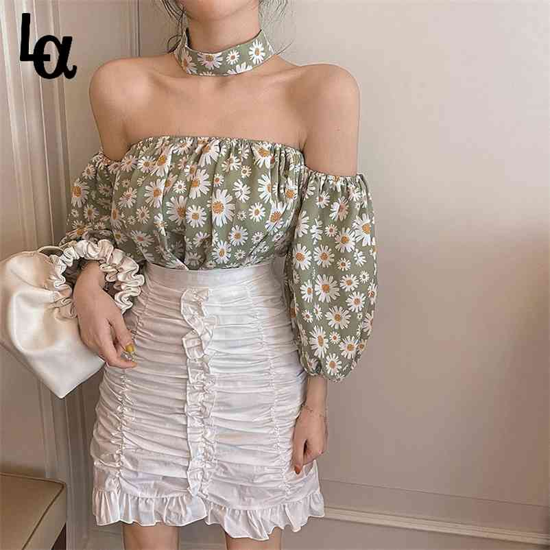 

Summer Fashion Women Blouse Ladies Off Shoulder Floral Printed Top Casual Short Sleeve Shirt Set Wear Suits 210519, White skirts