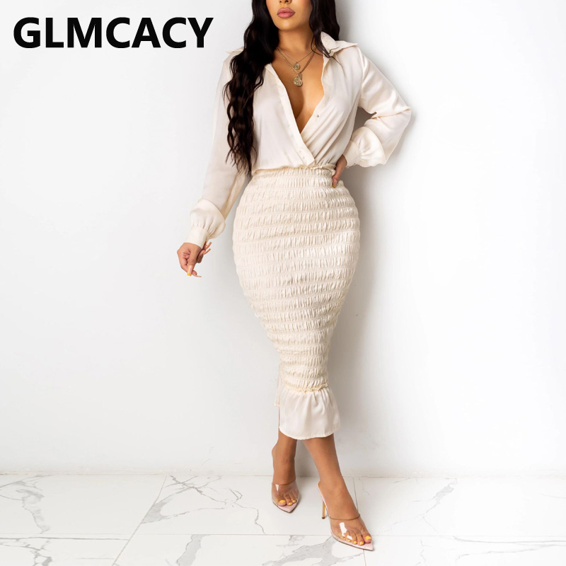 

Women Long Sleeve Buttoned Dress Shirring Bodycon Elegant Evening Party Dresses, Beige