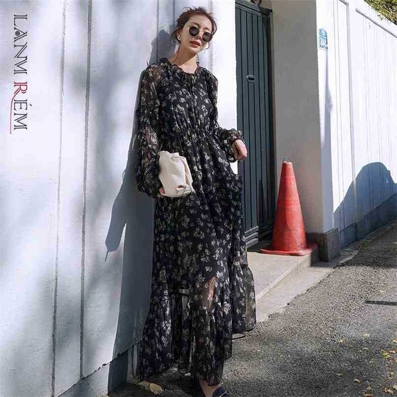 

Spring Korean Style Long Dress Ruffles High Waist Ankle-length Floral Chiffon Dresses For Women 2A203 210526, Black