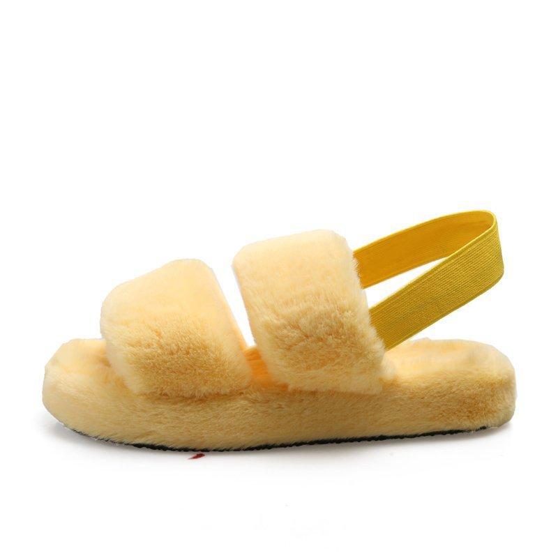 Slippers Winter Back Strap Women Home Fur Warm Shoes Woman Slip On Flats Slides Cute Plush Fluffy Lady Cotton
