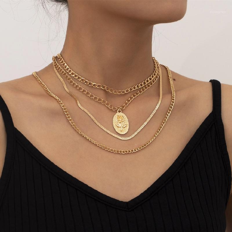

4Pcs/Set Multilayer Rose Flower Pendant Necklace Set Chunky Chain Choker For Women Lady Clavicle Jewelry Chains