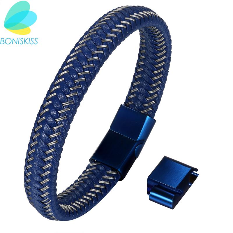 

Link, Chain Boniskiss Rock Bracelets & Bangles Stainless Steel Leather Bracelet Men Jewelry Punk Blue Fashion