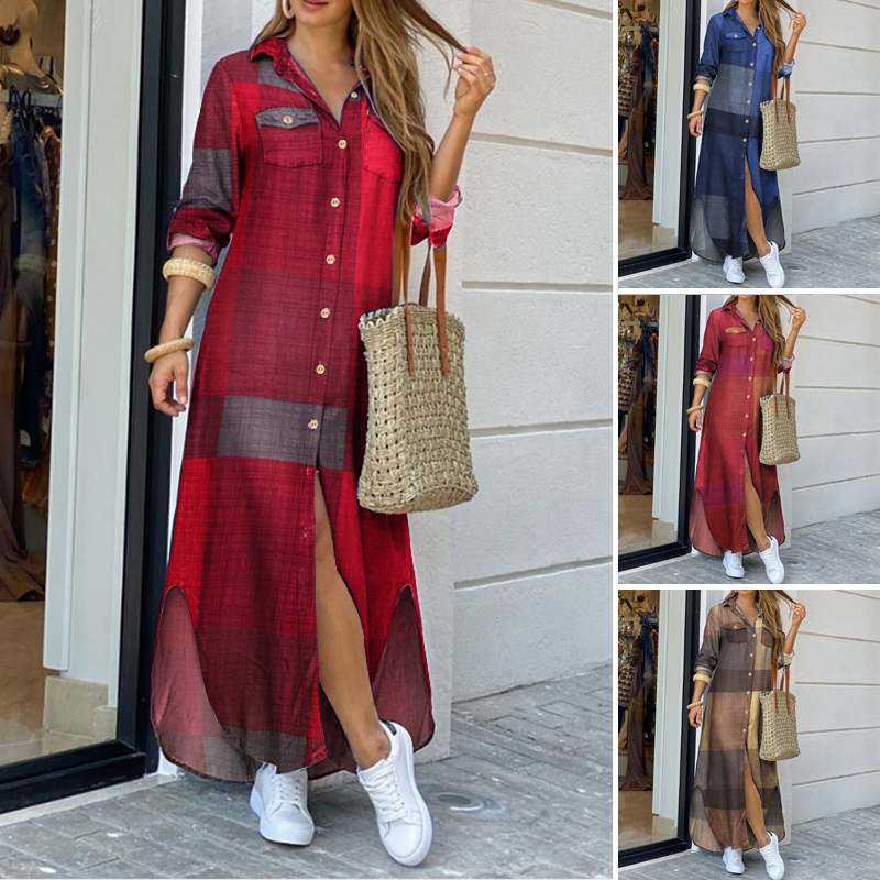 

Long Sleeve Dress Checked Plaid Robe Maxi Beach Dress Summer Elegant Women Button Long Shirt Dress Split Print Lapel Party Robe p0809, A orange red