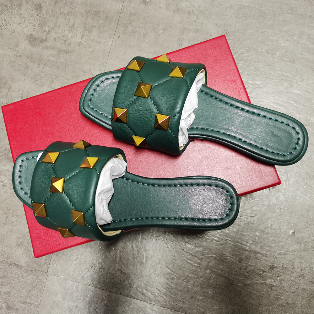 

Women Roman Sandal Rivet Slides Designer Flat Slipper Green High Heel Quilted Gold Stud Sexy Sheepskin Mules Summer Shoes Big Size 269, Color 3