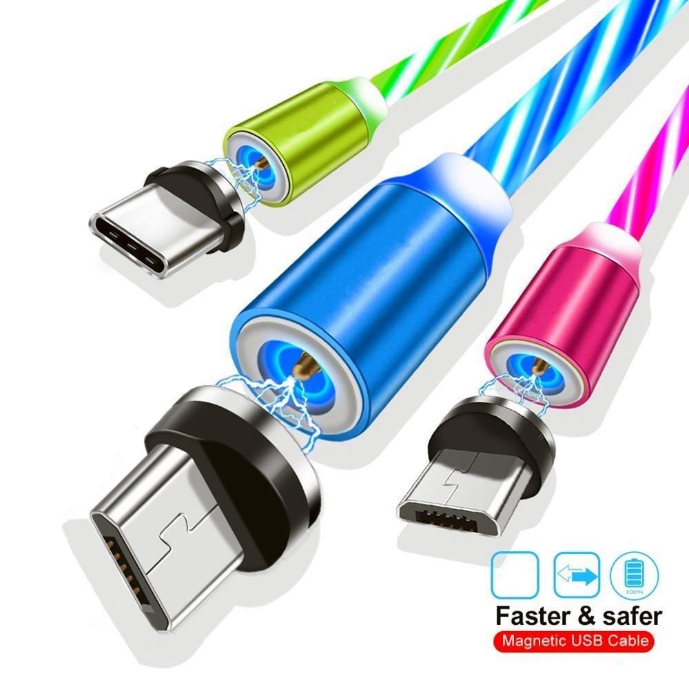 

3 in 1 Magnetic Phone Cables Charger Line 2A LED Flowing Fast Charging Cord Type C Micro USB Cable Wire for Samsung smartphone, Blue+opp