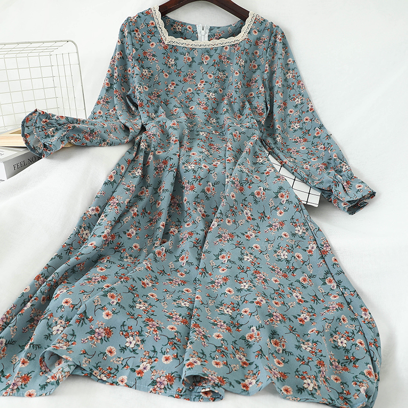 

Mori Girl Dress Floral Hippie Boho Dress Women Chiffon Vintage Square Neck Dresses Elegant Long Sleeve Clothes 2021 Autumn Retro, Black dress