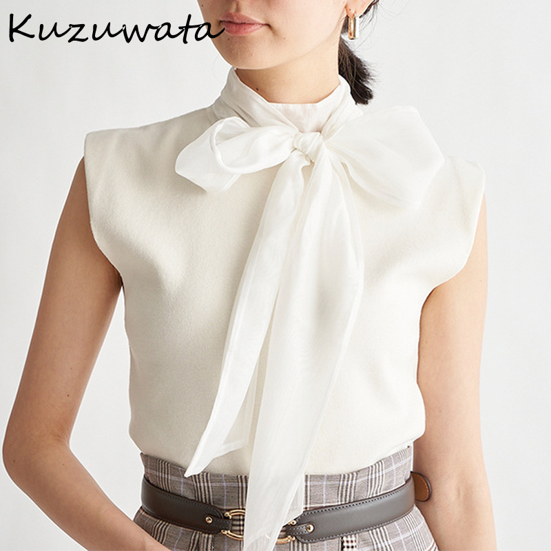 

kuzuwata 2021 autumn new women jumper half high collar bowknot tie sleeveless slim solid knitted sweater japanese sweet pullover, Black