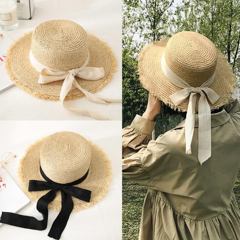 

Wide Brim Hats Straw Sun Hat For Women Outdoor Activities Ribbon Bow Cap UV Protection Summer Beach Seashore, Blue;gray