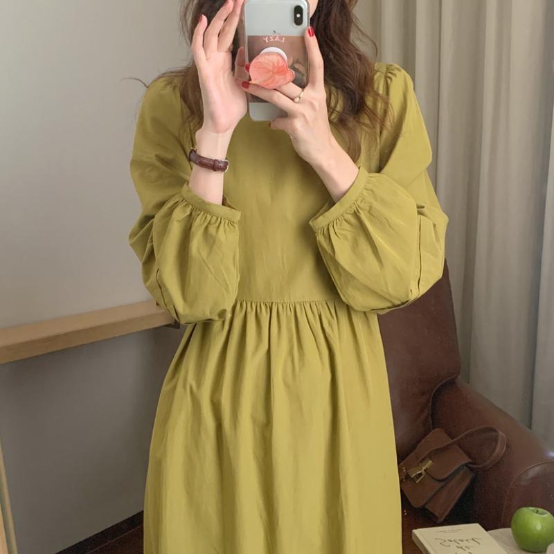 

Casual Dresses Autumn Retro Temperament Loose Black Round Puff Sleeve Dress Women Bandage Vestidos Mujer Full Maxi Mid Length, Black;gray