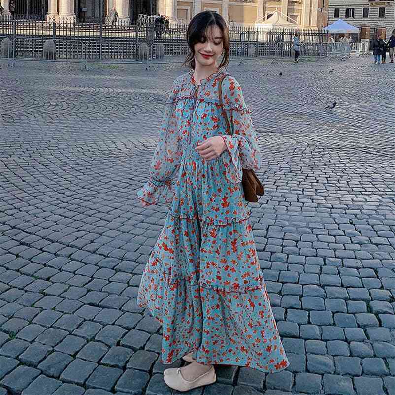 

Women Spring Autumn Floral Print Long Chiffon Boho Dress Female Sleeve Casual Maxi Dresses Ladies Vintage Vestidos 210517, As picture