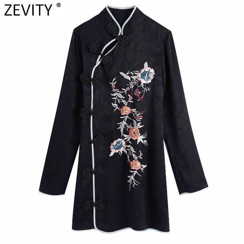 

Zevity Women Chinese Style Cheongsam Flower Embroidery Jacquard Mini Dress Female Long Sleeve Buckles Casual Slim Vestido DS4800 210603, As pic ds4800bb