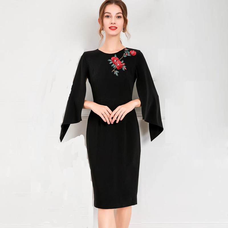

Women' Dresses O Neck Asymmetrical Sleeves Beaded Sequined Flowers Fashion Pencil Dress Vestidos, Black