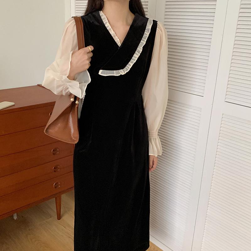 

Casual Dresses Nice Winter Women' Style Korean Long-sleeved V-neck Fake Two-piece Splicing Dress W19, Black