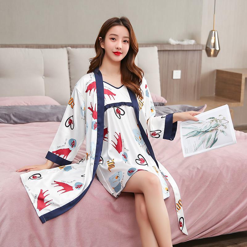 

Women Satin Robe Sets 2PCS Print Animals Sexy Lingerie Dressing Gown Lounge Nightgown Nighty 2021 Summer Bath -XXL Night Dress Women's Slee, Black;red