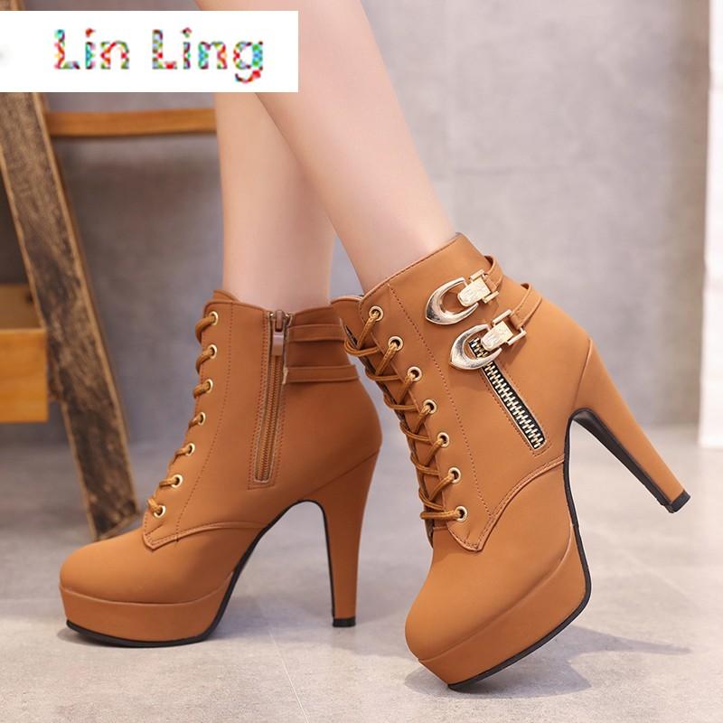 

Boots Women's Shoes Winter Large Size 43 Round Head Waterproof Platform High Heel Side Zipper, Black