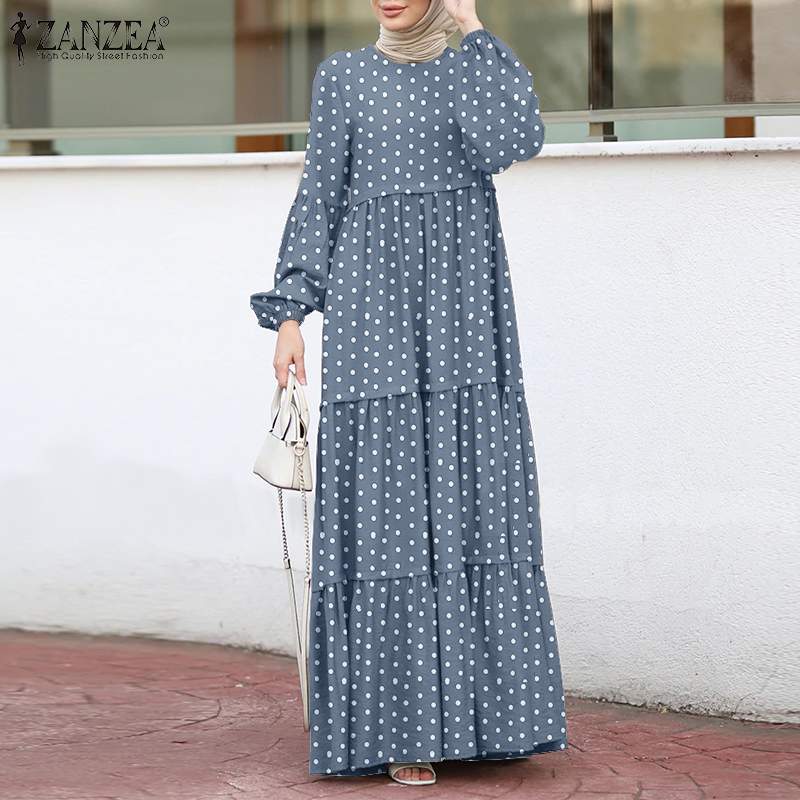 

Elegants Muslim Long Maxi Dress ZANZEA 2021 Stylish Polka Dot Puff Long Sleeve Robe Dubai Abaya Turkey Hijab Kafta Dress S-