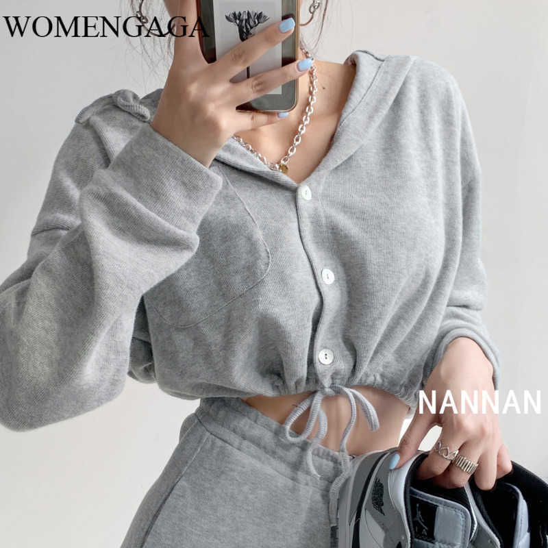 

WOMENGAGA Languid Grey Hooded Button Sweatshirt Women's Short Drawstring Waist Knit Coat Autumn Loose Long Sleeve Top 8E0W 210603, Gray