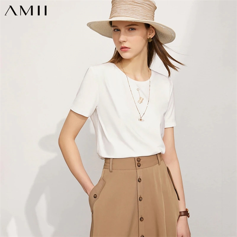 

Amii Minimalism Summer Women's Tshirt Tops Fashion Cotton Embroidery Oneck For Causal Shirts 1215 210708, Pink