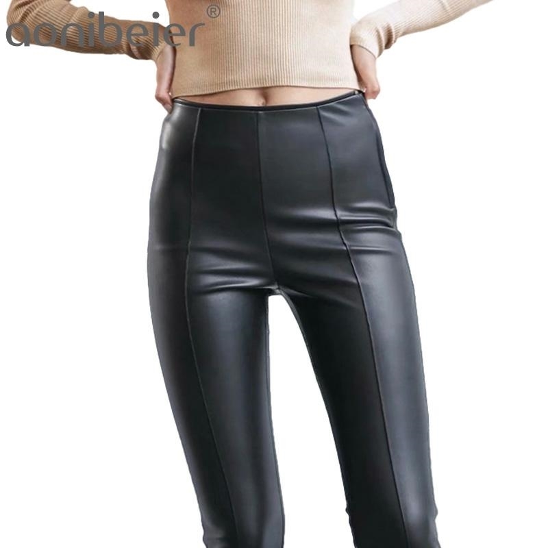 

Spring Autumn Women High Waist Black Khaki Faux Leather Pants Lady Elastic Slim Skinny PU Pencil Trousers 210604