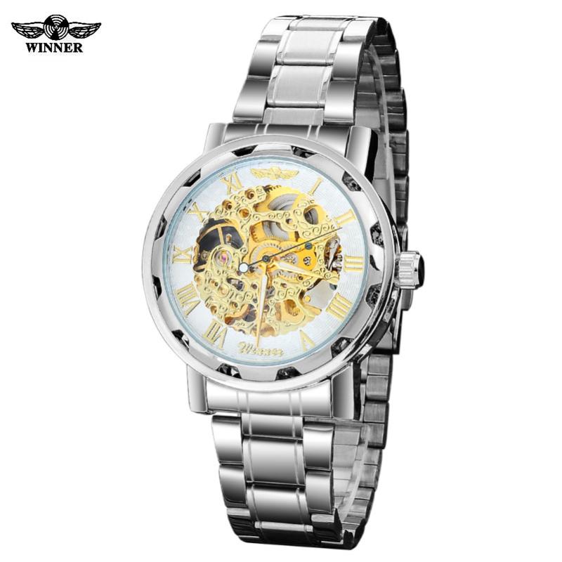 

Winner Automatic Self Wind Watch Mens Mechanical Skeleton White Golden Full Steel Band Wristwatches, Slivery;brown