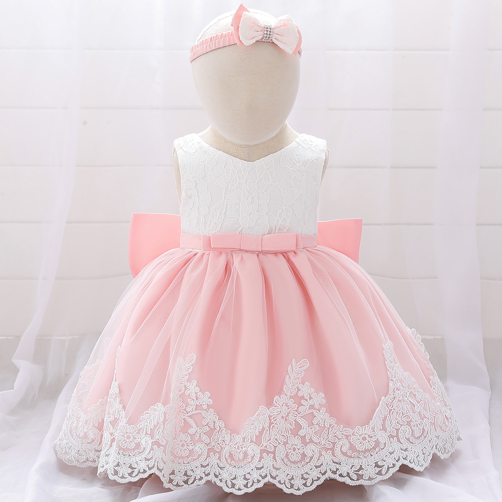 Golden shield collection kids no sleeves Christening dresses FOR 0-36 months princess style head band free Big bow lace wedding dress Baby baptism derss