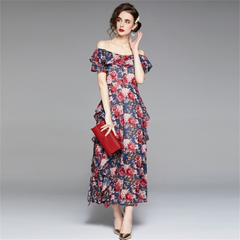 

Off Shoulder Floral Print Mermaid Dresses Elegant Long Prom Party Dress Women Vintage Bodycon Maxi Robe De Soiree 210603, Picture color