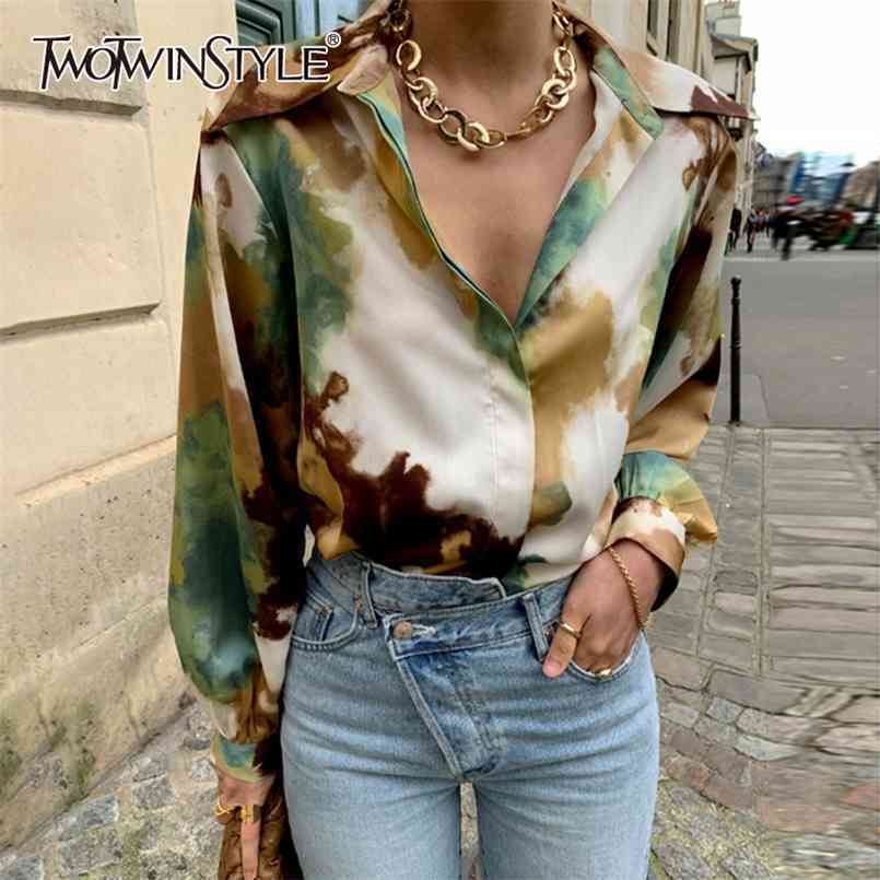 

Hit Color Print Shirt For Women Lapel Collar Long Sleeve Vintage Slim Fit Casual Shirts Top Female Spring 210524, Green