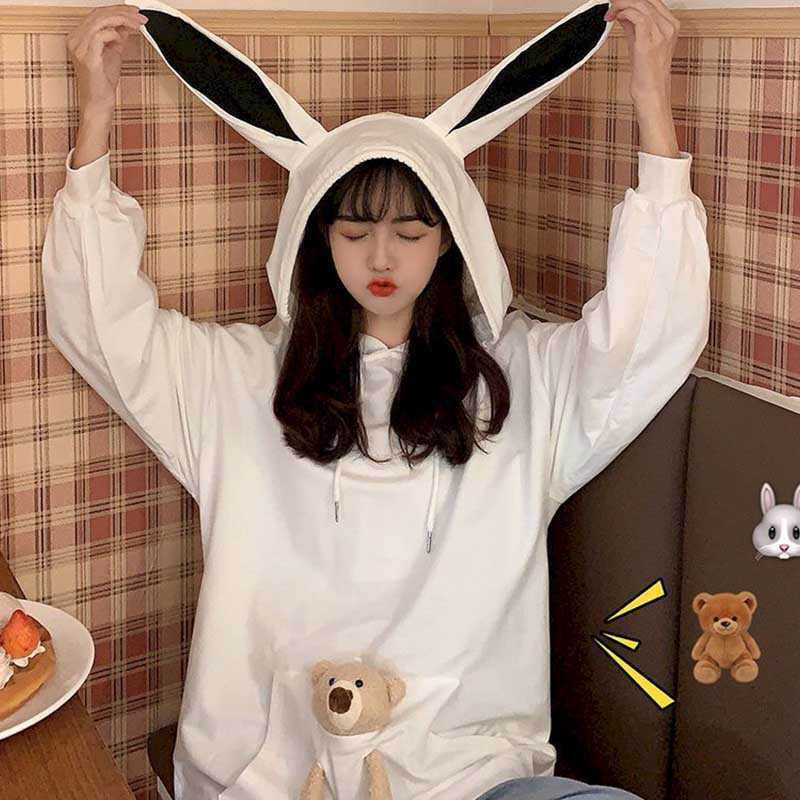 

Autumn hooded rabbit ears long-sleeved white hoodies women's autumn Korean version of the cute bear outer wear loose lazy top 20 210526, Black bear