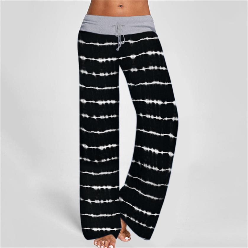 

sports casual fashion striped women pant prints comfortable wide leg drawstring trousers loose home clothes aut, Black;white