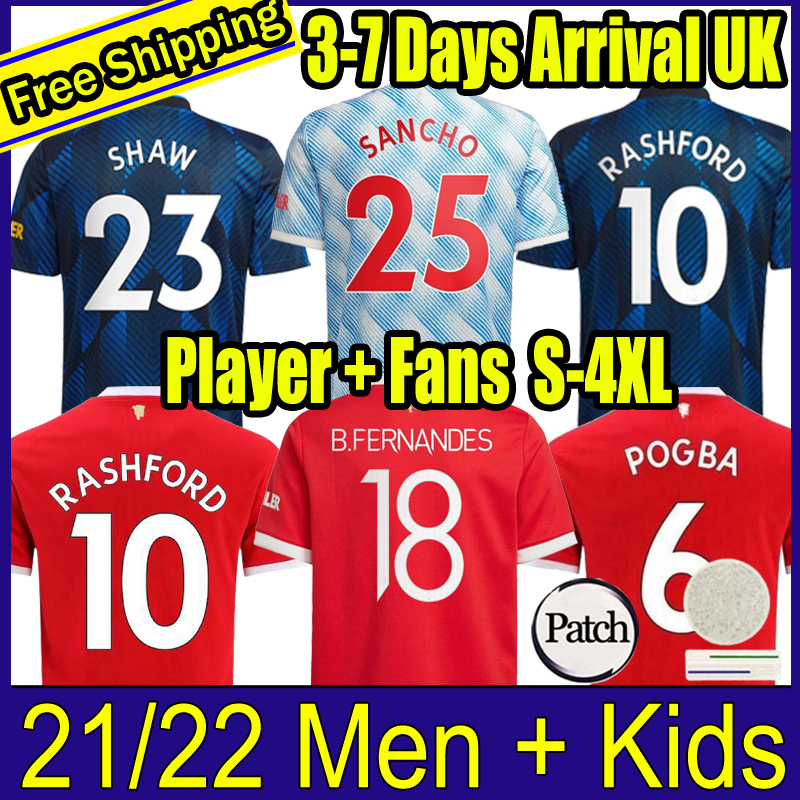 

21 22 SANCHO Manchester soccer jerseys UNITED Fans Player version BRUNO FERNANDES MARTIAL UTD POGBA RASHFORD football shirt 2021 2022 man + kids kit shirts, 21-22 third