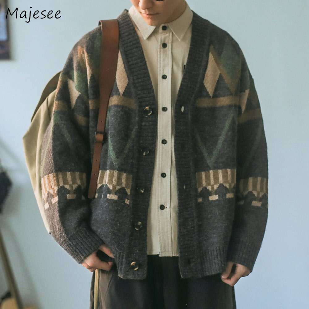 

men cardigan autumn male outwear mens sweaters v-neck argyle retro japanese trendy all-match casual cozy ulzzang preppy chic ins, Black