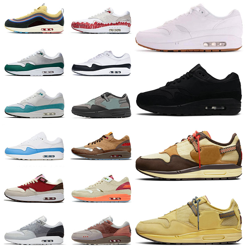 Des chaussures Nike Air Max Airmax 1 87 Running Shoes Travis Scott Mens Womens Kiss Of Death Sean Wotherspoon White Gum Bacon Black University Bl