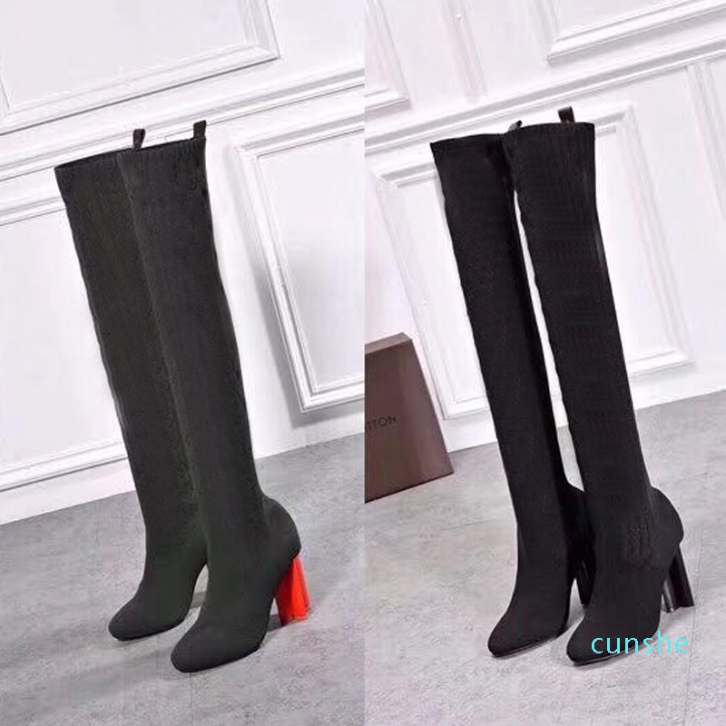 

designer Socks boots Chunky heels Fashion knitted elastic High Long boots Knee High heel boots letter Socks woman shoes Large size 35-42, Black