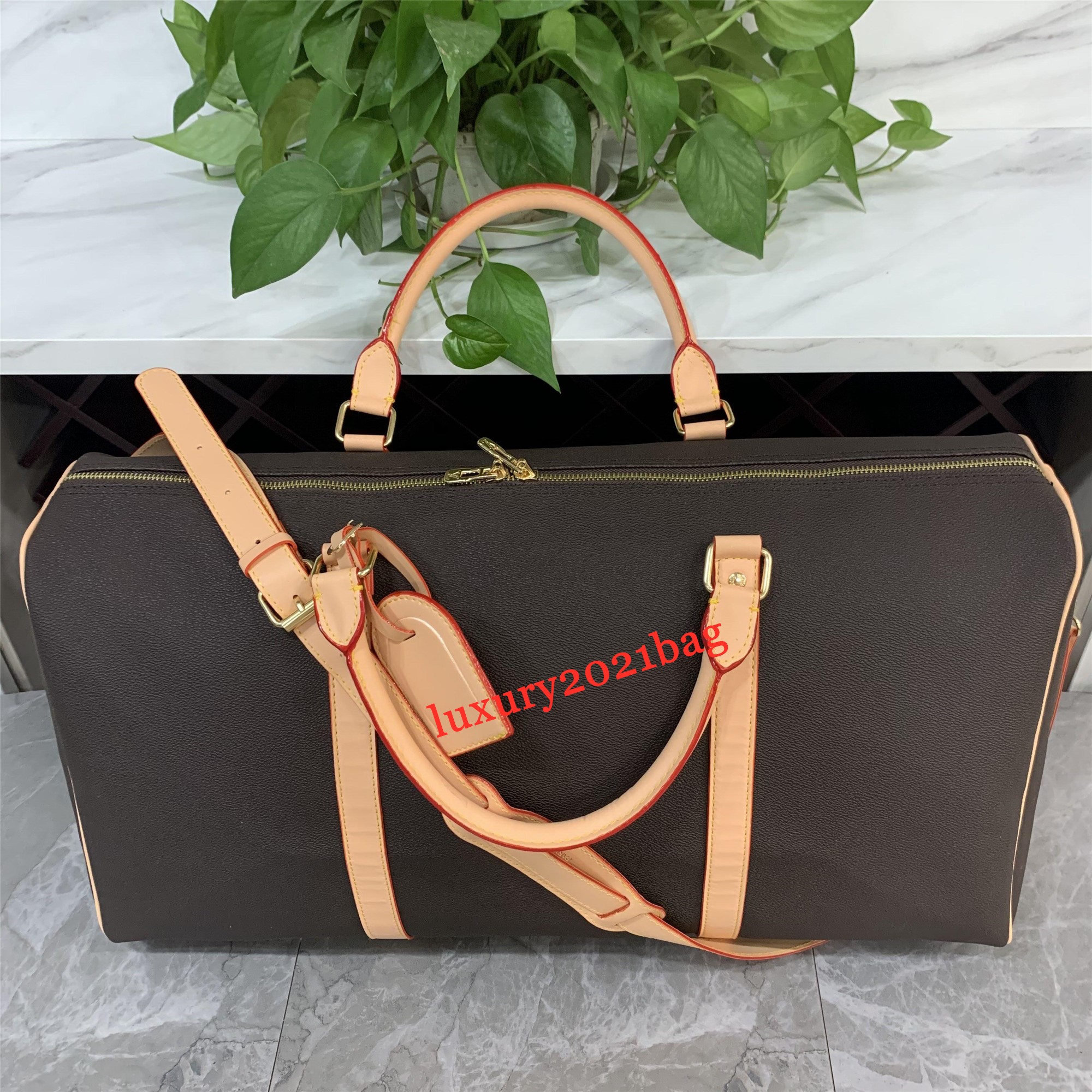 

luxury fashion men women travel bag duffle bag, brand designer pu Leather luggage handbags large capacity sport bag With lock 54CM+With dust, Black flower