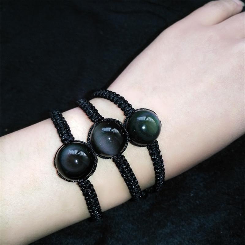 

Charm Bracelets Natural Rainbow Eye Obsidian Beads Bracelet Black Braided Rope String Lucky & Bangles 14/16/18mm