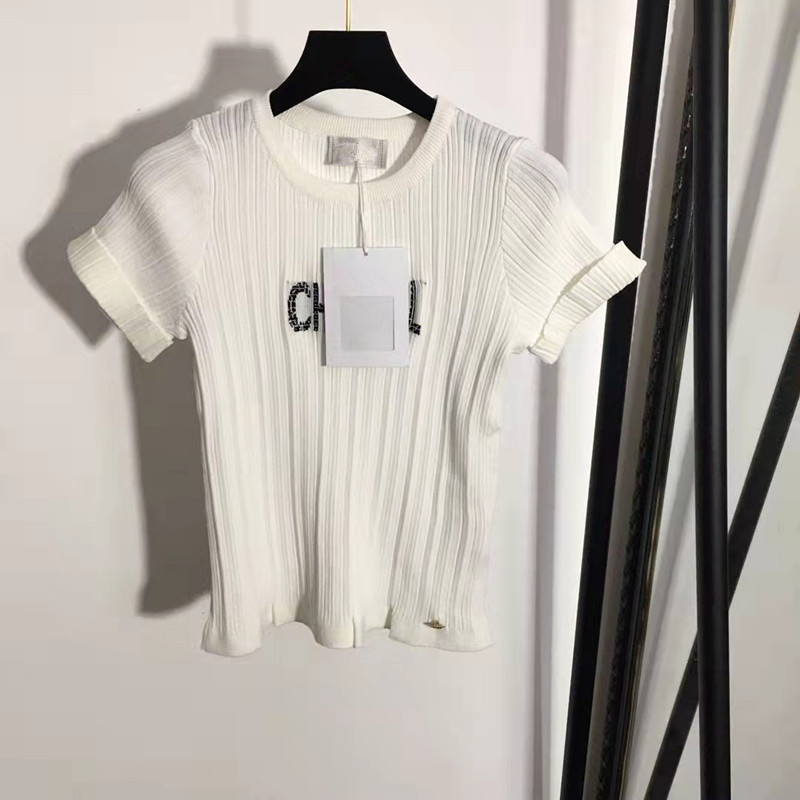

Women's Stretch Letter Embroidered Curled Short Sleeve Knit Tops tees, White
