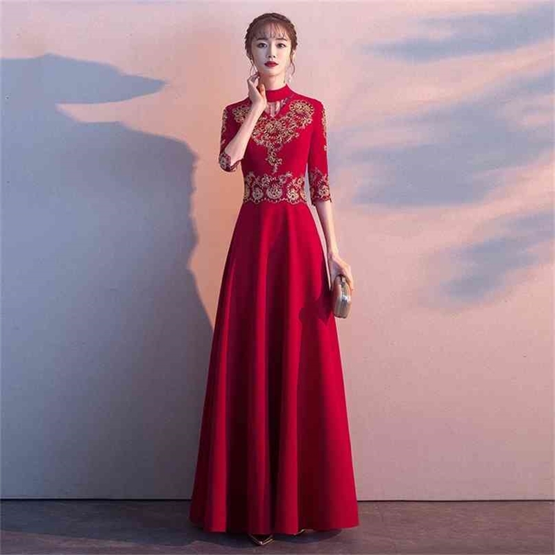 

Evening Party Dress Red Summer Elegant Embroidery Half Sleeve Floor-Length Long Fit and Flare Women Maxi es 210603