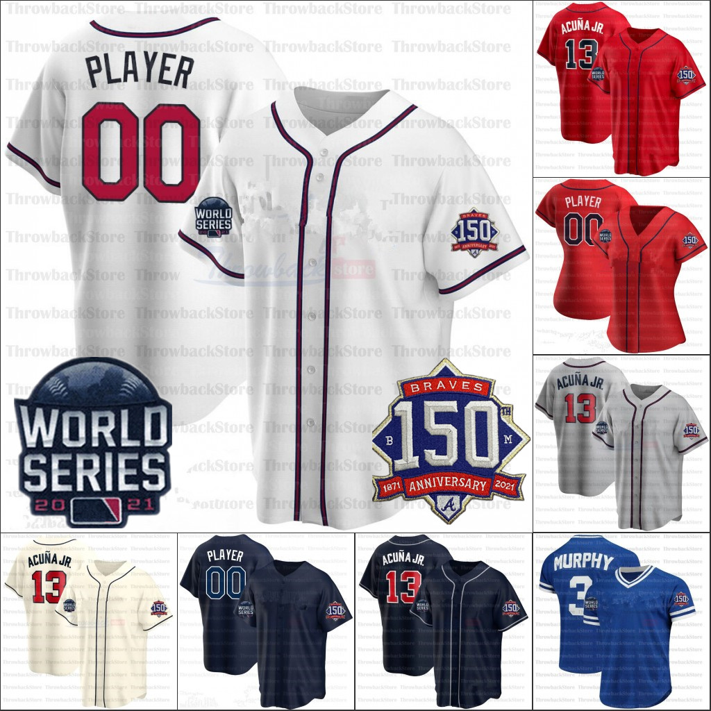 

2021 WS baseball Jerseys 1- Ozzie Albies 13 Acuña Jr. Hank Aaron Austin Riley 10 Chipper Jones 22 Nick Markakis, Youth/white