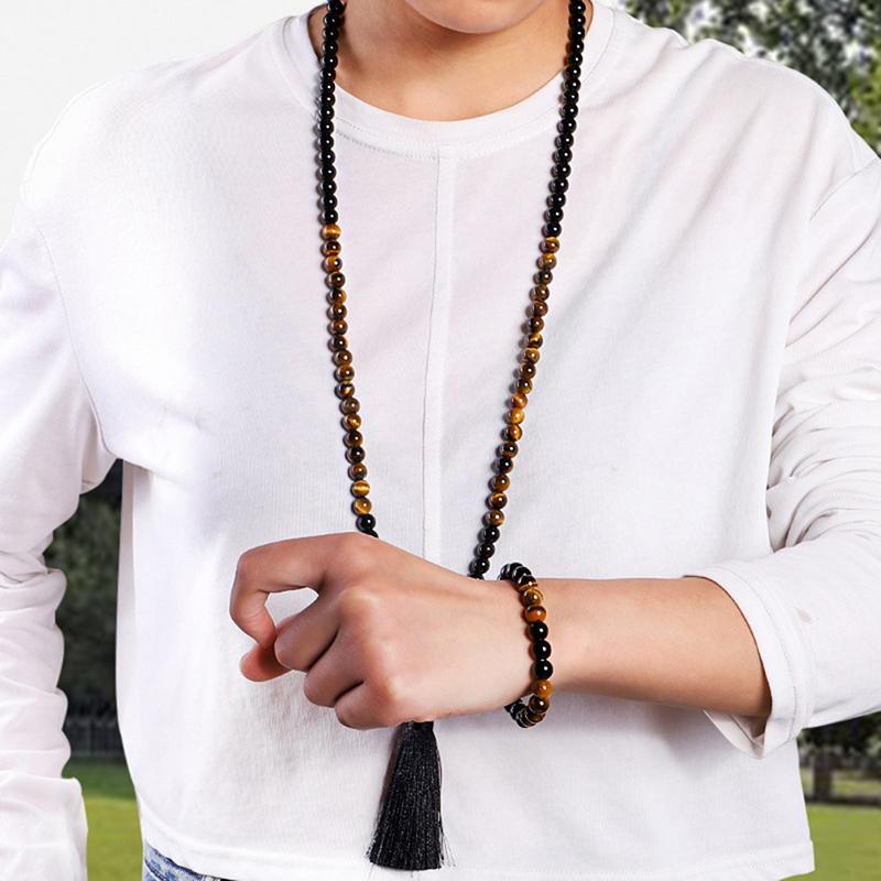 

Pendant Necklaces Natural Black Onyx & Wood Beaded Mala Buddha Tassel Necklace Rosary 8mm Beads