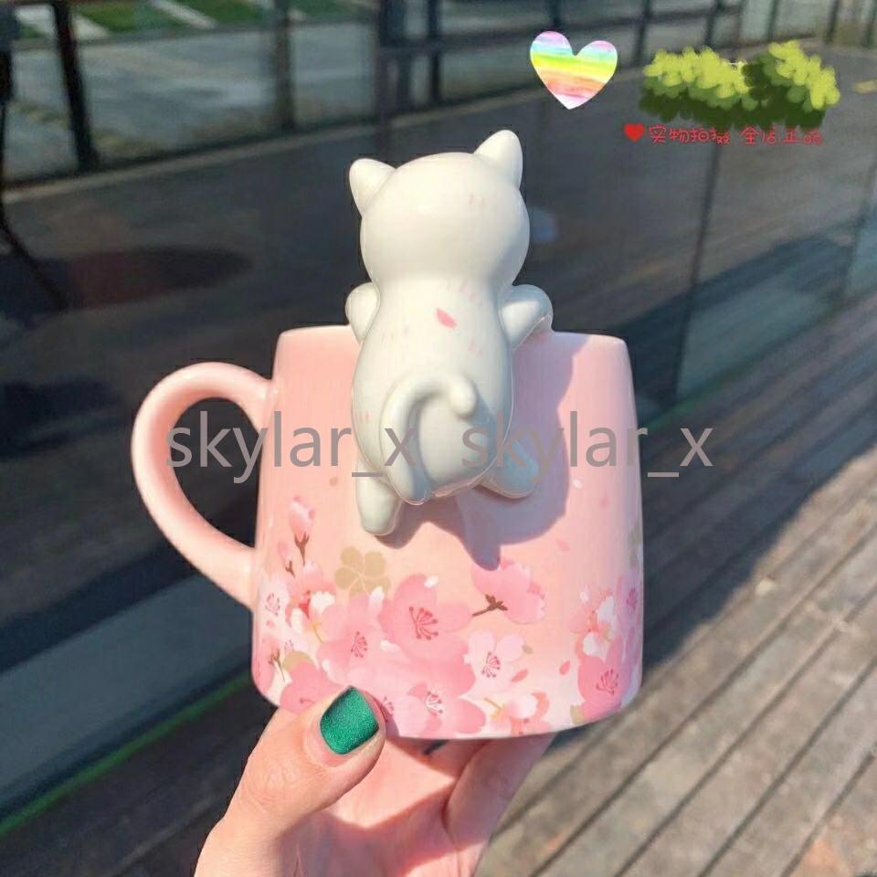 

350ML Sakura Starbucks Cup Luxury Kiss Cups with Spoon Ceramic Mugs Married Couples Anniversary Mermaid Bronze Medallion Gift Products, Pink