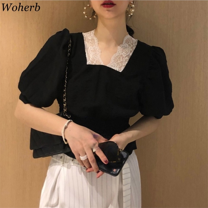 

Vintage Women Blouse Lace Patchwork Black Red Shirts Summer Fashion Puff Sleeve Slim Waist Short Blusas Temperament Tops 210519