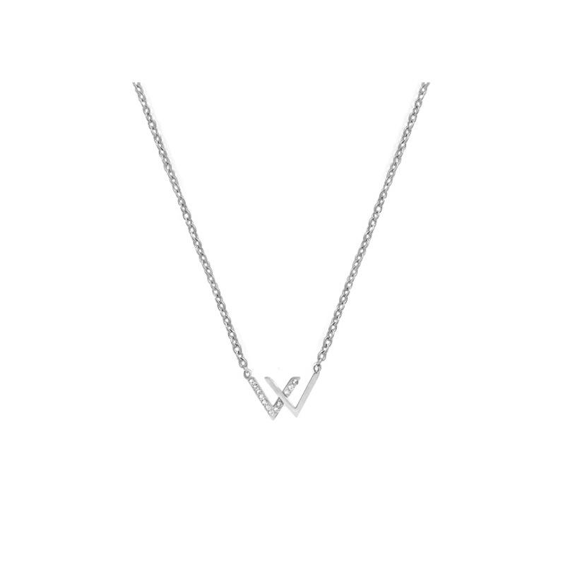 

Chains W Letter Necklace Simple Small Fresh Korean Version Honey Chain Titanium Steel Sweater Double V Collarbone Jewelry, Silver
