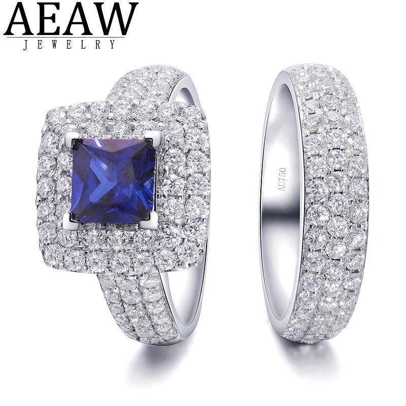 

Cluster Rings 1.01ct Princess Cut Lab Sapphire Center Stone Side Moissanite Engagement Ring Set Luxury For Women 18k White Gold, Golden;silver