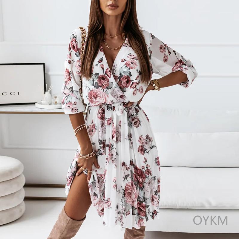 

Casual Dresses Elegant Chiffon A Line Pleated Knee Dress Women Fashion Autumn V Neck Floral Print Belted Folds Party Vestidos, 01