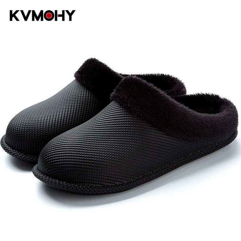 

Slippers Men's Home Fur Slides Winter Velvet Sewing Indoor Shoes Women Lover Short Plush EVA Waterproof Chaussure Homme, Black