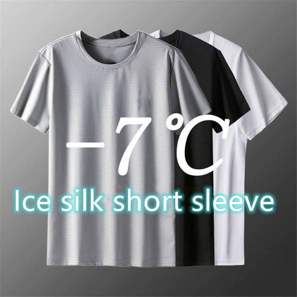 

Quick Dry Breathable Mesh Summer Men's T-shirt Ice Silk Short Sleeve Loose Plus Size Sports Top Trend Cool Men Boy 210629, Gray