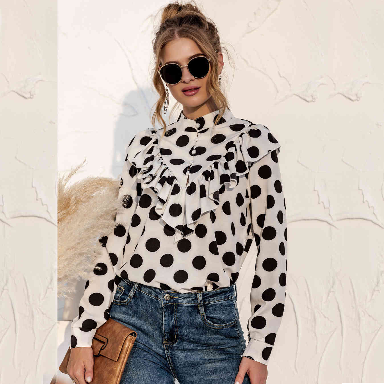 

Fashion women blouse 202 Spring Polka Dots Printing Ruffles Straight Pullover OL famle shirt Blouse 210524, Yellow small dots
