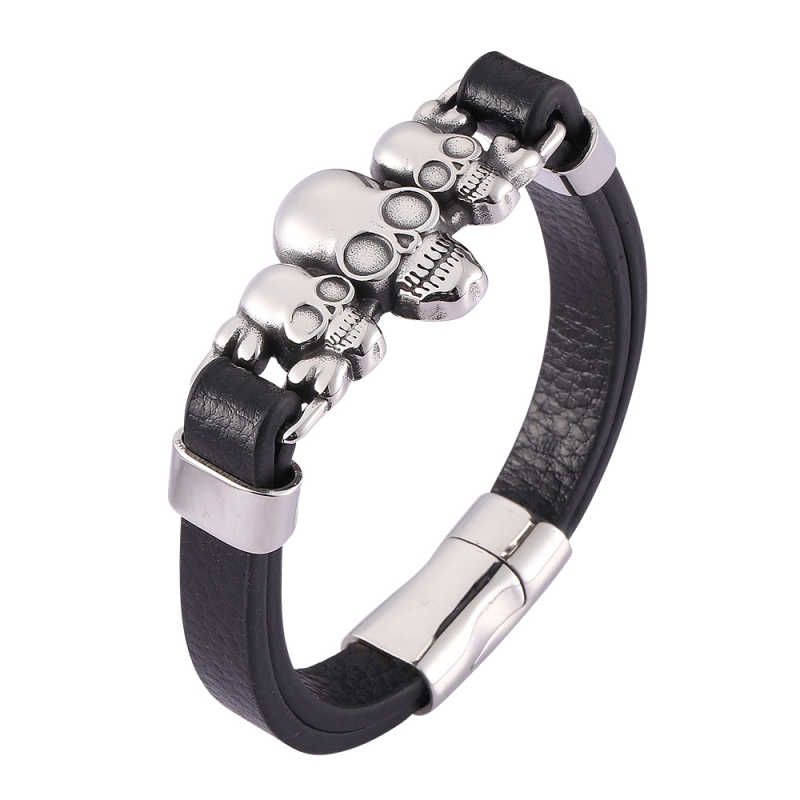 

Factory Design High Quality Stainless Steel Skull Charm Black Leather Bracelet