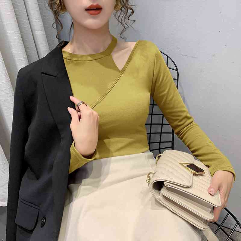 

Sexy Off The Shoulder Women' Tops T Shirt O-neck Cotton Women T- Long Sleeve Poleras Mujer Top Tee Femme Tshirts 210603, Camel